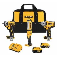 This 20V MAX* XR® cordless tool kit includes an impact wrench for fastening and a work light for illumination. Powered by a 20 V DC battery system, it is suited for tasks requiring portable, battery-powered tools on job sites.