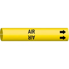 Yellow snap-on pipe marker with black 'Air' legend and directional arrows. Fits pipe outer diameters from 3/4 to 1-3/8 inches. Used to identify compressed air lines in industrial piping systems, aiding in safety and compliance with pipe-marking standards.