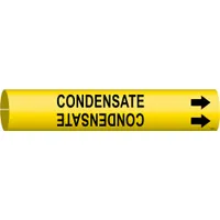 Yellow snap-on pipe marker with black 'Condensate' legend and directional arrows. Fits pipe outer diameters from 1-1/2 to 2-3/8 inches. Used to identify condensate lines in industrial piping systems, aiding in maintenance and safety compliance