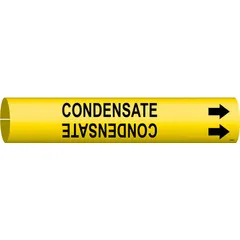 Yellow snap-on pipe marker with black 'Condensate' legend and directional arrows. Fits pipe outer diameters from 1-1/2 to 2-3/8 inches. Used to identify condensate lines in industrial piping systems, aiding in maintenance and safety compliance.