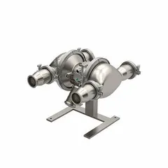 This 3-inch air-operated double diaphragm pump features stainless steel construction with Tri-Clamp connections for sanitary fluid transfer. It delivers 130 gpm flow and 277 ft maximum head. Check valves and seats are stainless steel; the diaphragm is PTFE with EPDM backing. USP Class VI compliant for pharmaceutical processing.