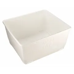 This white plastic tote with snap-on lid is designed for industrial storage of bulk parts, tools, or materials. Its rounded edges and corners reduce risk of damage, and the nesting capability allows space-saving storage when not in use. Not NSF certified.