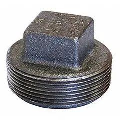 This threaded plug is used to seal open ends in medium-pressure piping systems. Made of cast iron, it features NPT threads and is rated for a maximum operating pressure of 300 psi at 150°F. Suitable for applications such as water, steam, gas, or oil lines in industrial plumbing, HVAC, and process piping.