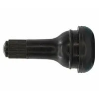 Snap-in tire valve stem for automobiles. Straight shape with 180° valve stem angle. Black rubber construction. Standard bore size with 0.305-32 thread. Complies with TR415 standards