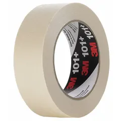 Tan, rubber-based crepe paper masking tape with 5.1 mil thickness, 1/2 in width, and 60 yd length. Designed for indoor use on concrete surfaces, suitable for paint masking, bundling, and sealing in construction and maintenance applications.