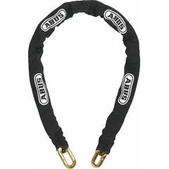 This ABUS security chain measures 6 ft in length with a 1/2 in chain diameter. It features a zinc finish and a yellow nylon coating for corrosion resistance. The chain includes a cover and is suitable for indoor and outdoor use, commonly applied to secure gates, fences, machinery, and outdoor equipment.