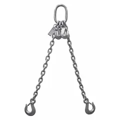 This double-leg chain sling features Grade-100 alloy steel construction with a 1/2 in chain trade size and adjustable-length sling hooks. Designed for overhead lifting and rigging tasks in industrial environments such as construction, manufacturing, and warehousing. The sling hooks provide secure attachment for heavy load handling.