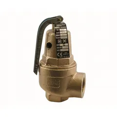 This ASME Section IV hot water pressure relief valve features a bronze body with 3/4 in FNPT x 3/4 in FNPT connections. It is designed to automatically relieve excess pressure in hot water heating systems, with a maximum operating pressure of 174 psi.