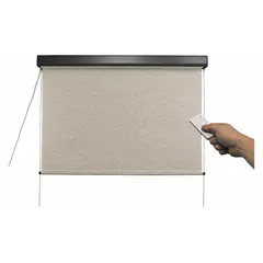 Motorized exterior sun shade with right-side operation, 48 in valence width, Maui fabric, and Oil Rubbed Bronze valance. Includes remote control and cable tie-down system. Suitable for outdoor shading on patios, decks, and commercial storefronts to reduce glare and heat while maintaining airflow.