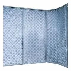 This track-mounted hanging acoustic curtain measures 4 ft wide by 25 ft long with a 2 in thickness. It includes rollers for installation and is suited for noise reduction in industrial environments such as machine shops and manufacturing lines.
