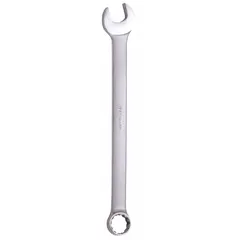 This 7 mm combination wrench features a 12-point box end and an open end, with an offset design for improved access in confined spaces. Made from alloy steel with a satin finish, it has an overall length of 5 1/4 in. Suitable for tightening or loosening metric fasteners in automotive, machinery, and general assembly tasks.