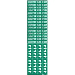 Green adhesive pipe markers with white legend reading 'Condenser Water Return'. Each marker fits pipe outer diameters of 3/4 inch and smaller. Pack of 3 markers without arrows. Used to identify condenser water return lines in piping systems.