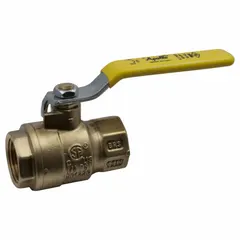 This APOLLO brass ball valve features a straight pattern with full port design for minimal pressure drop. It has 1-1/2 inch female NPT connections on both ends and a lever handle for manual on/off flow control. Suitable for use in commercial and light industrial piping systems handling water, oil, or gas.