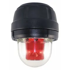 Red strobe light for hazardous locations, pendant mount, 24V DC operation. Overall height 11 3/8 in, diameter 8 13/16 in. Provides visual signaling in industrial environments where explosion-proof or hazardous location rated warning lights are required.