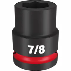 This 3/4" drive impact socket features a 7/8 in SAE hex size with a 6-point standard configuration and friction retention mechanism. Designed for use with impact wrenches in heavy-duty fastening and loosening applications, it is suitable for automotive, construction, and industrial maintenance tasks requiring high torque.