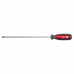 Slotted screwdriver with a 1/4 in tip, 10 in shank, and 14 1/4 in overall length. Extra-long cabinet style for accessing recessed fasteners. Cushion grip handle. Tether-ready for fall protection.