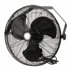 This corrosion-resistant industrial wall-mount fan features an 18-inch blade diameter and a 1/10 hp motor operating on 120V AC. It offers three speeds in a non-oscillating configuration, suitable for providing air circulation in factories, warehouses, and workshops where exposure to moisture or corrosive elements is a concern.