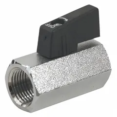This 1/8-inch mini ball valve features a chrome-plated brass one-piece straight body with FIP x FIP threaded connections. It is equipped with a locking lever handle for secure on/off control. Suitable for low-pressure fluid systems such as instrumentation panels, pneumatic lines, and small-diameter water or gas circuits.