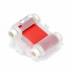 Red resin ribbon, R6900 series, solvent-resistant and RoHS Compliant to 2015/863. For use with BMP71 and M710 printers to produce durable labels for asset tagging, safety labeling, and wire/cable identification in industrial environments.