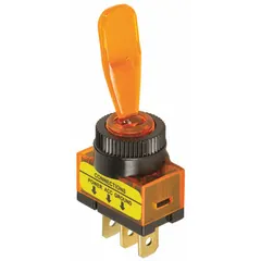 SPST on/off toggle switch with amber actuator and stem. Illuminates when in the 'On' position for clear status indication. Features three 1/4 in male terminals and panel-mount installation. Suitable for controlling electrical circuits in vehicles, marine, and off-road equipment.