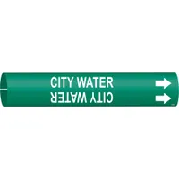 Pipe Marker: City Water, Green, White, Fits 1 1/2 to 2 3/8 in Pipe O.D., 1 Pipe Markers, With Arrows (MPN 4028-B)