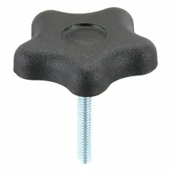 This 5-arm knob features a plastic body with a steel threaded stud. The 1/4"-20 thread size and 1.75 in thread length allow for manual clamping, positioning, and adjustment on machinery, fixtures, and industrial equipment.