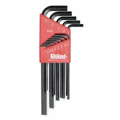 This 13-piece set includes SAE L-shaped hex keys with Hex-L Long and standard long tips. The keys feature a black oxide finish and come with a holder for two tips. L-shaped hex keys are used for tightening or loosening hex socket screws and bolts, providing leverage in confined spaces for manual fastening tasks.