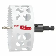 This 4-inch diameter hole saw with attached arbor cuts wood, metal, and plastic. Features 3/5 teeth per inch and a 5/8"-18 thread. Maximum cutting depth is 1-5/8 inches. Suitable for general construction, electrical, and plumbing applications.