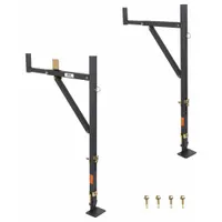 Adjustable steel ladder rack for pickup trucks, finished in black. Length adjusts from 49-1/2 in to 52 in, width from 19 in to 34 in, and height from 44-1/2 in to 47-1/2 in. Used for transporting ladders, pipes, and long materials in construction, maintenance, and utility applications