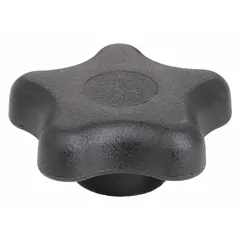 This 5-arm knob features a plastic body with a steel thread insert for corrosion resistance. The threaded hole accommodates 1/4"-20 bolts, and the 1.75-inch diameter provides a comfortable grip. Used for manual adjustment, clamping, or positioning on machinery and equipment.