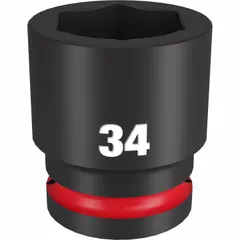This 3/4" drive impact socket is designed for heavy-duty fastening and loosening of 34 mm metric nuts and bolts. The 6-point configuration provides a secure grip on fasteners. Suitable for use with impact wrenches in automotive, construction, and industrial maintenance applications.