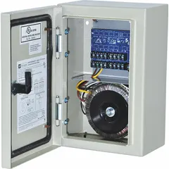 This power supply board with enclosure accepts 115V AC input and provides regulated 24V AC output. Housed in a steel NEMA 4 enclosure, it is suitable for use in industrial control systems, security panels, and automation equipment where protection against dust and water is required.