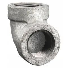This 90° pipe elbow is made of malleable iron for medium-pressure threaded piping systems. It connects two 1/4 in NPT pipes, changing flow direction in industrial plumbing, pneumatic lines, or hydraulic circuits.