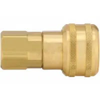 This brass quick-connect coupling body is designed for compressed air systems, enabling fast, one-hand connections for pneumatic tools and hoses. It features a 3/8" female hose fitting with 3/8"-18 threads and a push-to-connect locking type for secure attachment. Suitable for general industrial interchange applications