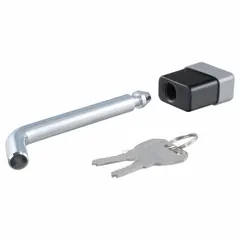 This CURT receiver lock is constructed from chrome-plated steel in a silver finish. It includes two keys and is designed to secure a trailer hitch receiver, preventing theft or accidental detachment in towing applications.