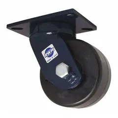 This heavy-duty kingpinless swivel plate caster features a 10-inch diameter, 3-inch wide black phenolic wheel with a roller bearing. The mounting height is 12 1/2 inches. Designed for general-purpose industrial material handling, it is suitable for moving carts, racks, and equipment in warehouses and factories.