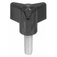 Three-arm knob with threaded stud for manual adjustment and clamping on industrial machinery, jigs, and fixtures. Constructed from black thermoset material with a 1.5 in diameter and 5/16"-18 thread. Provides a secure grip for frequent hand-tightening applications