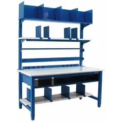 Blue laminate-top packing table with a 5000 lb weight capacity. Tabletop height adjusts from 30 in to 36 in. Includes a pair of surface-mounted uprights. Suitable for industrial packaging, shipping, and assembly areas.