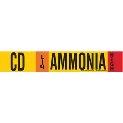 This pipe marker is designed for ammonia piping systems, specifically for IIAR system abbreviation CD (Condenser), phase LIQ (liquid), and high pressure level. It fits pipe outer diameters of 8 inches and larger and includes directional arrows. The marker is mounted on a fiberglass carrier with strapping for secure attachment.