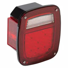 LED stop light with red square lens and bracket mount. Complies with FMVSS 108. Permanent installation via blunt cut wires. Overall height 6 3/4 in, width 5 3/4 in. Used on trucks, trailers, and heavy equipment for brake signaling.