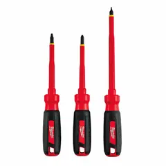 This 3-piece insulated screwdriver set includes ECX, Phillips, and slotted tip types for fastening and loosening screws in electrical panels, junction boxes, and industrial equipment. The tether-ready design helps prevent tool drops in elevated or confined workspaces.