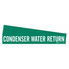 Green adhesive pipe marker with white legend text reading 'Condenser Water Return'. Designed for pipes with an outside diameter of 8 inches and larger. Suitable for identifying condenser water return lines in industrial piping systems. Pack of 5 markers without arrows.