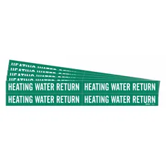 Green adhesive pipe marker with white legend text reading 'Heating Water Return'. Designed for pipes with outer diameter from 3/4 to 2-3/8 inches. Supplied in a 5-pack without directional arrows. Used to identify return water lines in heating systems for facility maintenance and safety compliance.