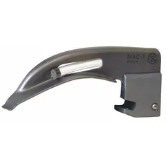 This MEDSOURCE laryngoscope blade is a MacIntosh type with size 1 and an overall length of 3 3/4 inches. It features fiber optic illumination and is made of stainless steel with a silver finish. Designed for single-use, it is used in airway management during intubation procedures.