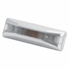 Clear rectangular incandescent license plate light with bracket mount and pigtail electrical connection. Designed for permanent installation on vehicles to illuminate license plates. Complies with FMVSS 108. Overall width 3/4 in.