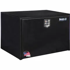 Single drop-down door box made of steel with a black finish. Equipped with a keyed lock for secure storage. Suitable for mounting on vehicles to organize and protect tools and equipment.