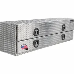 This topside storage box features dual flip-up drop-down doors for easy access to long tools and equipment. With a 96 in overall width, T-Handle Compression lock, and keyed lock type, it provides secure storage for commercial truck applications. The silver finish resists corrosion in outdoor environments.