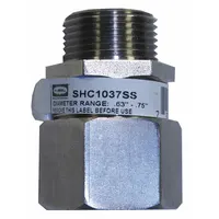 Straight metallic cable grip with 3/4 in MNPT box connection, accommodating cord diameters from 0.63 in to 0.75 in. Constructed with a stainless steel body and silver finish, rated IP66 for water and dust ingress protection. Suitable for hazardous locations classified as Class III, Division 1 & 2. Features a yellow color-coded grommet for easy identification