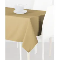 Beige rectangular tablecloth made of polyester. Measures 96 inches in length and 52 inches in width. Suitable for covering banquet, conference, or dining tables in hospitality and event settings