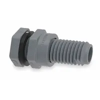 PVC through-wall fitting designed for tank installations, featuring a 1 1/2 in female NPT threaded inside connection. Includes an FKM gasket for sealing. Suitable for fluid transfer applications requiring a corrosion-resistant fitting
